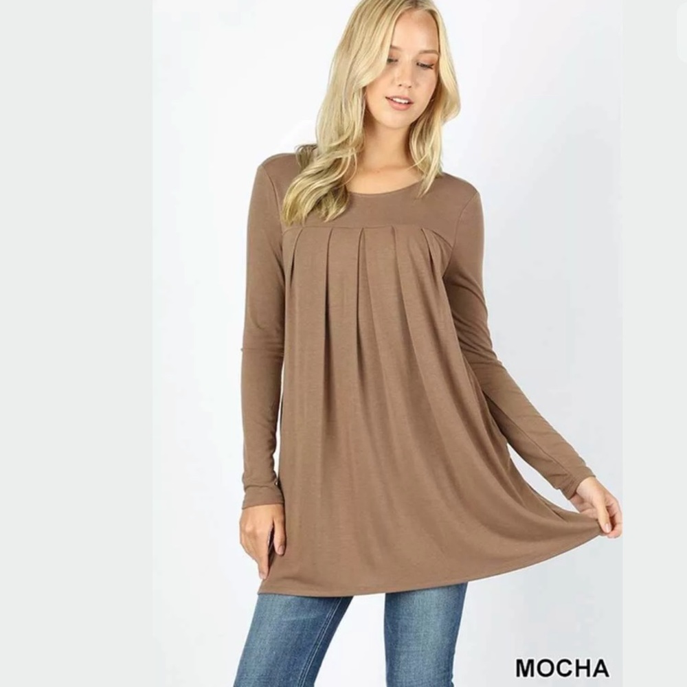 Mocha - Long Sleeve Round Neck Pleated Top